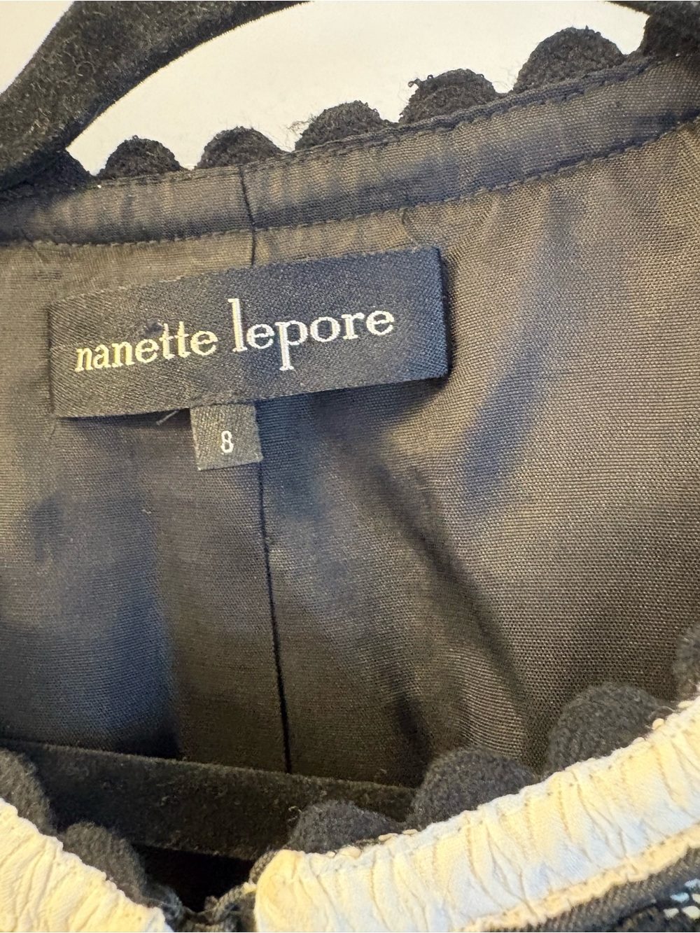 Nanette Lepore Black, White & Gray Tweed Cropped Jacket with Scallop Trim - Picture 5 of 6